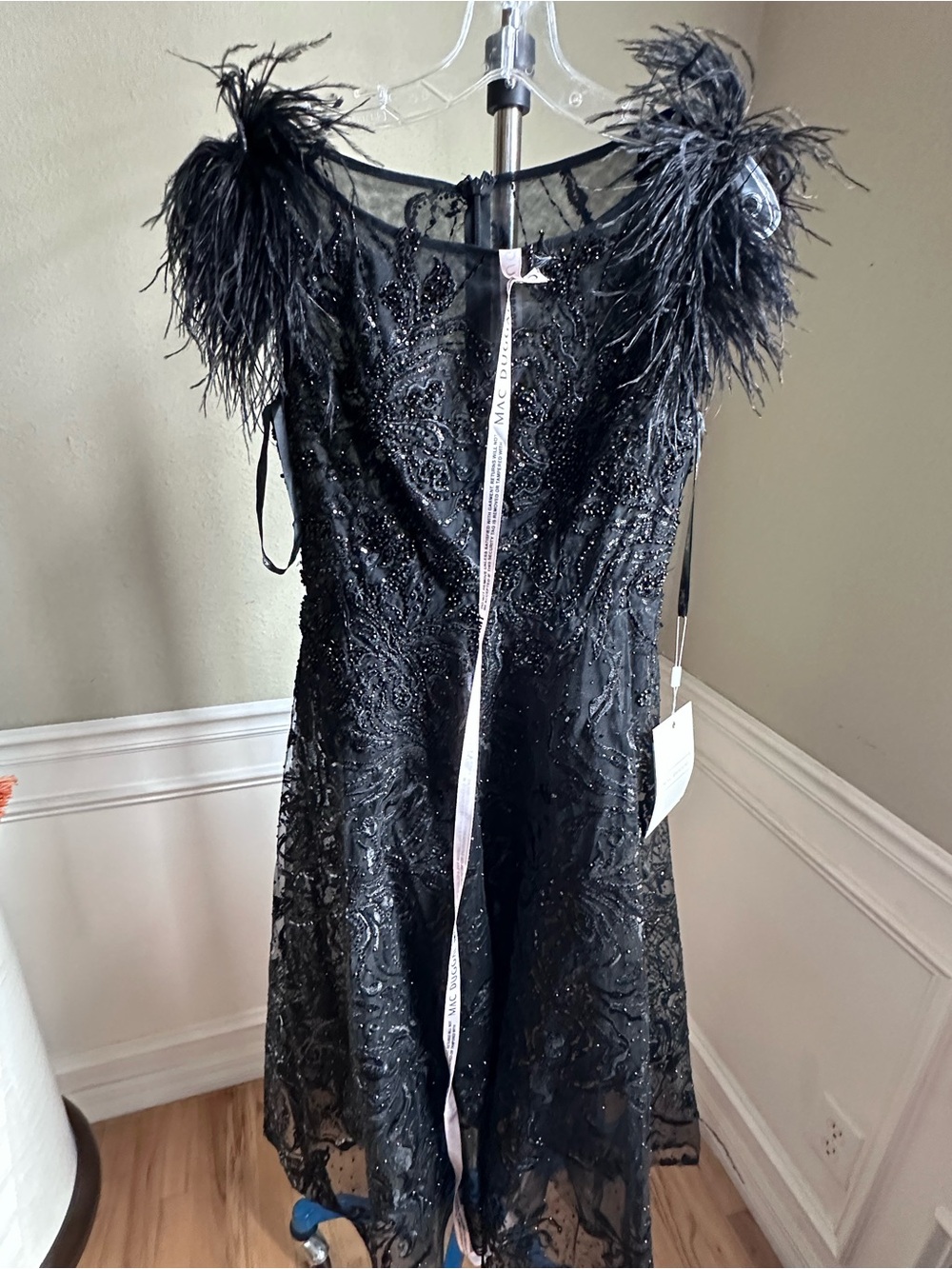 Mac Duggal Black Beaded Feather-Trim Cocktail Dress